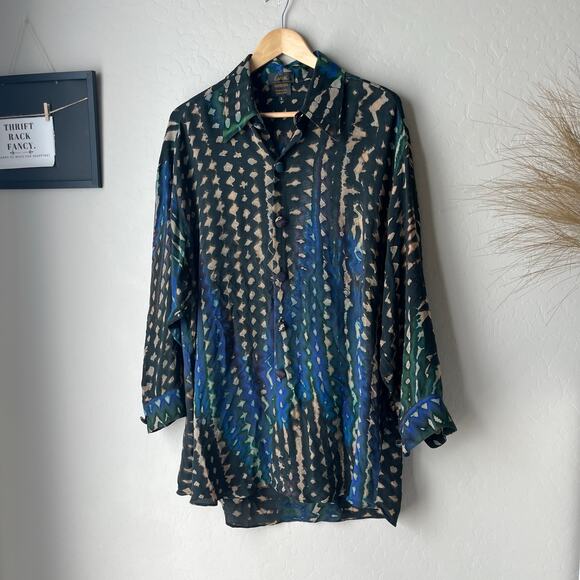 Carter Shibori Silk Abstract Tie Dye Print Long Sleeve Button Up Tunic Blouse L - Picture 2 of 8